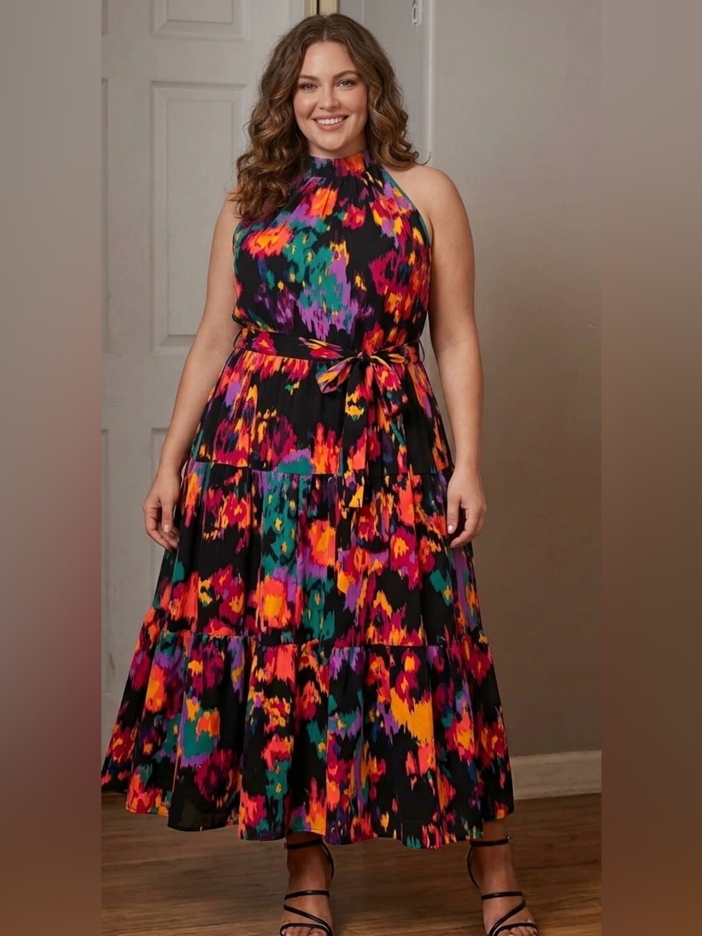 Stunning Multi-Color Abstract Ikat Halter Maxi Dress - Tiered, Plus Size